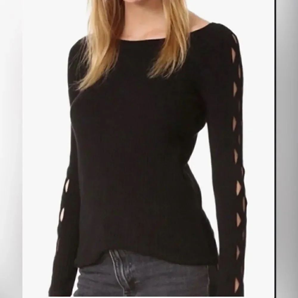 Ramy Brook Kimila Criss Cross Lattice Sleeve Sweater In Black Size XS